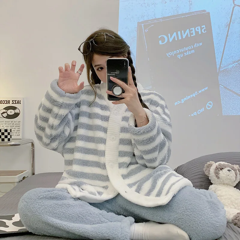 Yasuk Winter Women Girl Casual Warm Soft Sleepwear Pajamas With Pant Velvet Fleecel Cute Thick Pocket Simple Grey Stripes