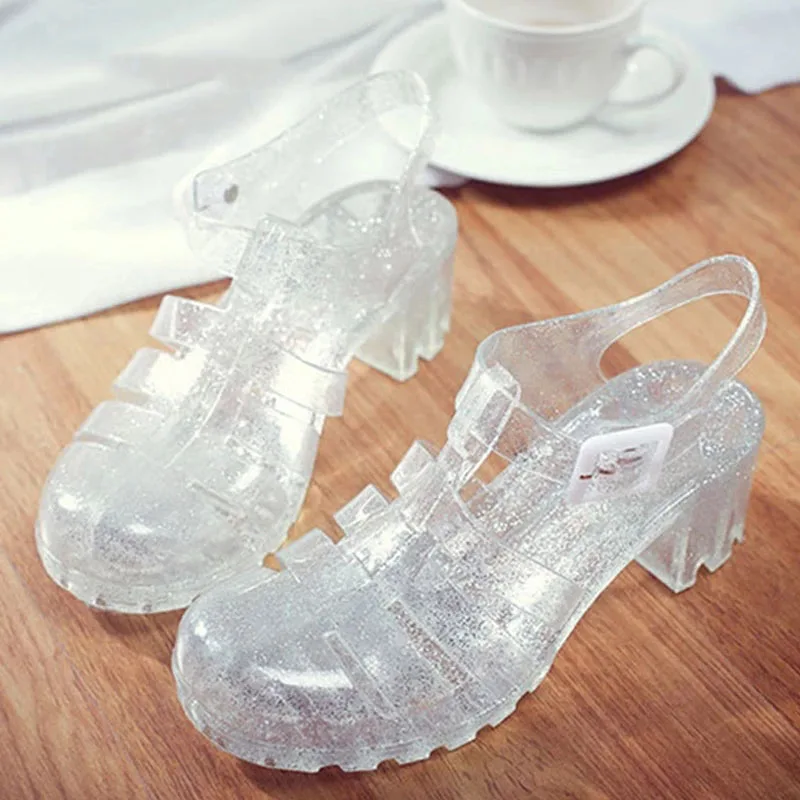 

Comemore 2022 Summer Women Casual Jelly Shoes Heel Women Square High Heels Transparent Platform Sandal Lady Bling Silver Sandals