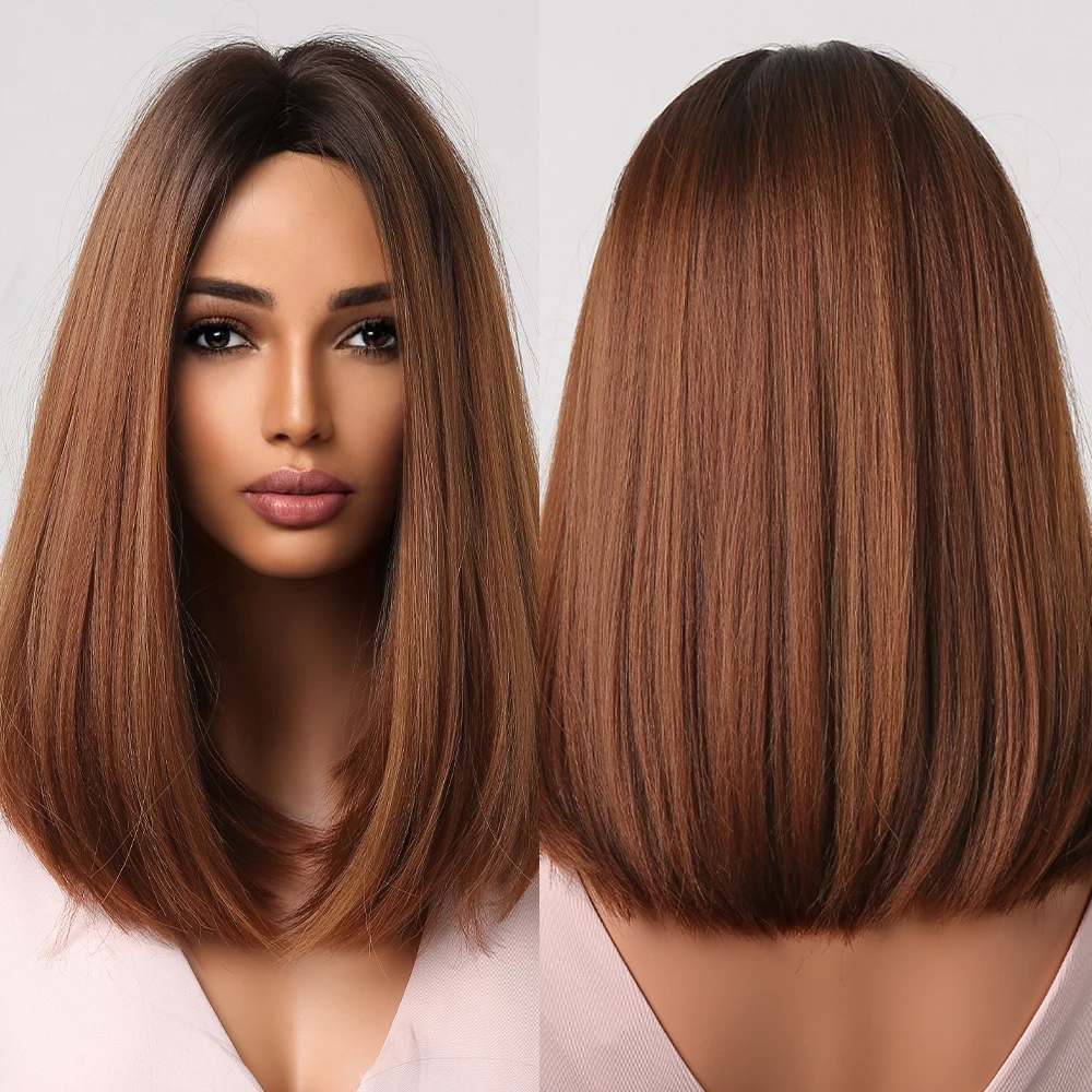 

Brown Synthetic Wigs Medium Length Straight Wigs for Black Women Cosplay Daily Hair Wig Heat Resistant Fiber Natural Looking