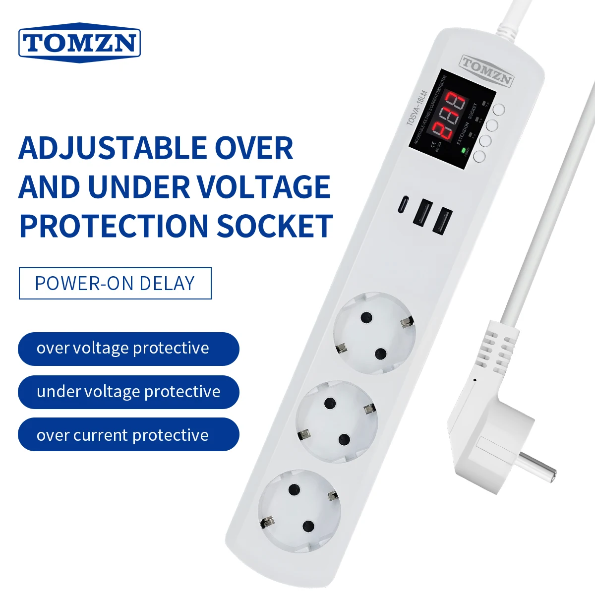 

TOMZN TOSVA-16LM Розетка европейского стандарта 3 розетки переменного тока 2 USB 1 Type-C Автоматическая защита от напряжения и тока 220 В Регулируемая защита мощности 16 А