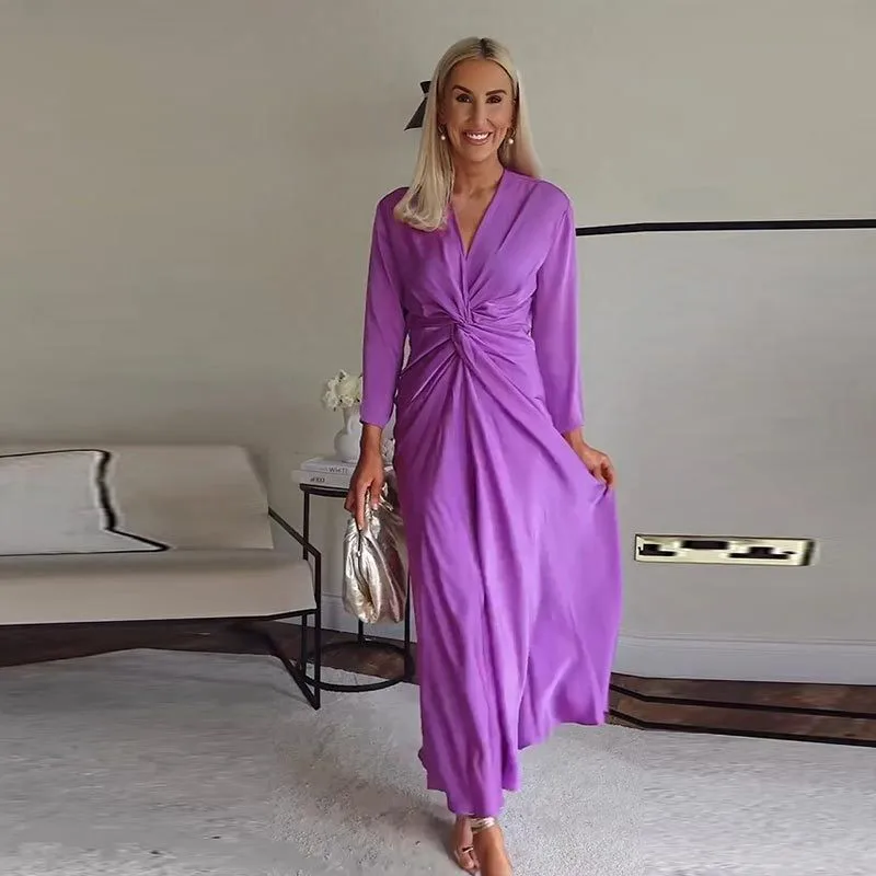 

Beach Dress Summer Women 2023 Cover Up Long Sleeve Vintage Satin High Waist Neck Solid Polyester Caftan Clothing And Tunic