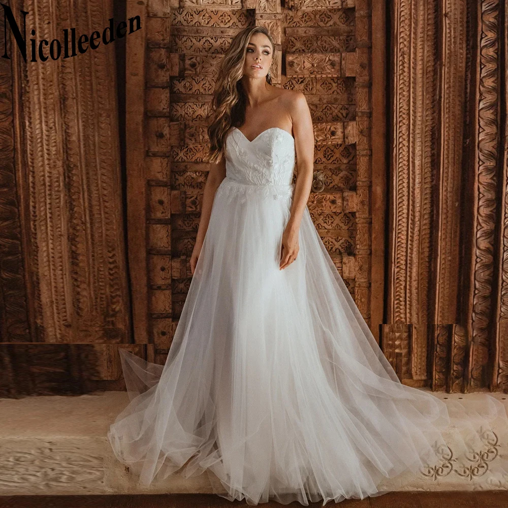 

Nicolle Fashionable Sweetheart Wedding Dresses For Women Lace Appliques Sleeveless Tulle A-LINE Court Train Vestidos De Novia