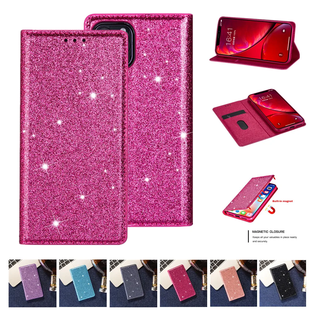 

Solid Color Case for iPhone 14 13 12 Mini 11 Pro Max X XS XR SE2020 6 7 8 Plus Shockproof Glitter Bling Leather Flip Phone Cover