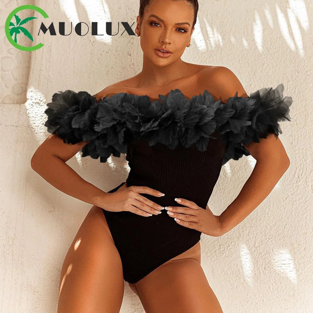 

MUOLUX 2023 New Sexy 3D Flower One Piece Swimsuit Women Swimwear Off Shoulder Beach Black Summer Bikini Bathing Suit Monokini