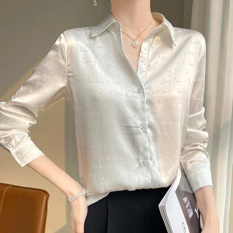 

Satin Long Sleeve Shirt Design Sense New Feminine Professional Letter Acetic Acid High-end Fashion Top in Spring and Autumn