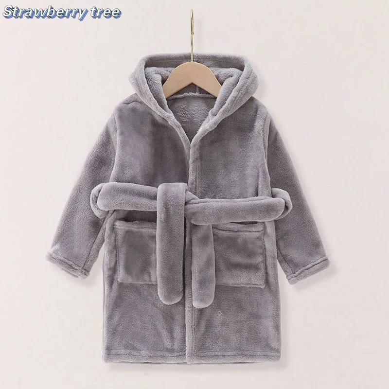 Winter Baby Boys Girls Flannel Hooded Children for Bathrobe Warm Solid Color Long Sleeve Kids Dressing Gown Belt Sleepwear Robes