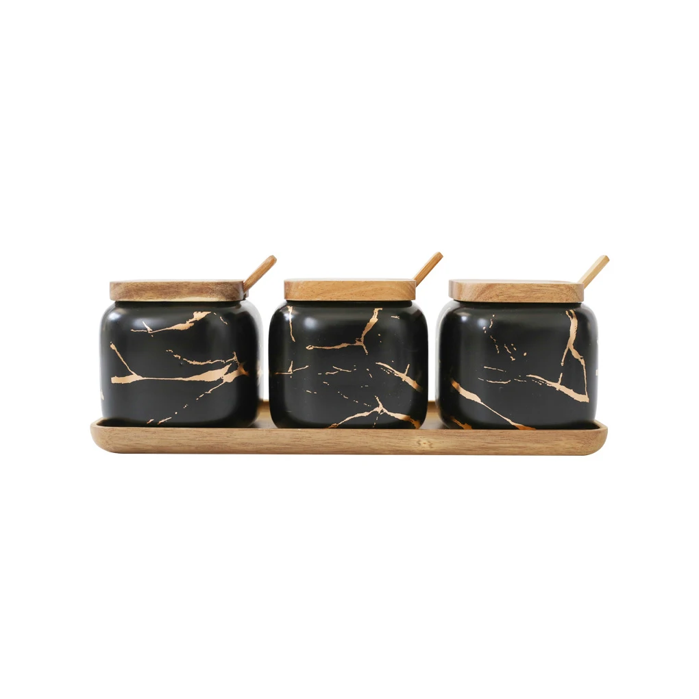 

Seasoning Pot Nordic Ceramic Spice Jar Set Pepper Kitchen Storage Box Matte Wooden Cap Condiment Bottles Container Set