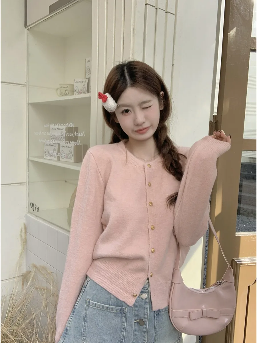 Осенне-зимний корейский изящный нежный синий кардиган с круглым вырезом милый
