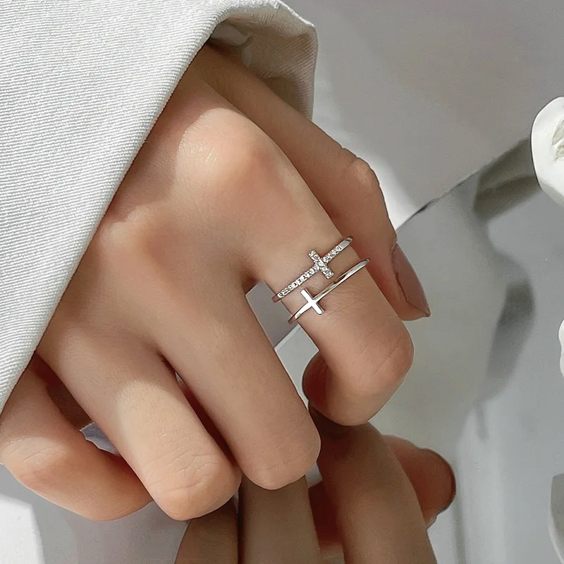 Женское кольцо на указательный палец, серебристое Открытое кольцо с двойным крестом и мигающим цирконием, ювелирное изделие в Корейском стиле, 2022