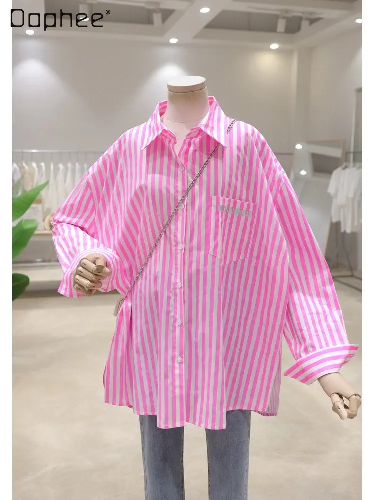 

Korean Style Bright Letter Print Blouse 2023 Spring Mid-Length Front Short Back Long Cotton Striped Long Sleeve Shirt for Women