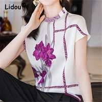 women summer floral printed vintage stand collar short sleeve satin t shirt office lady work elegant tops pullover femme clothes