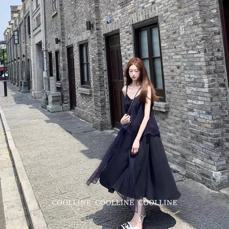 

SuperAen 2022 Summer Solid V-Neck A-LINE Casual Asymmetrical Spaghetti Strap Dress for Women