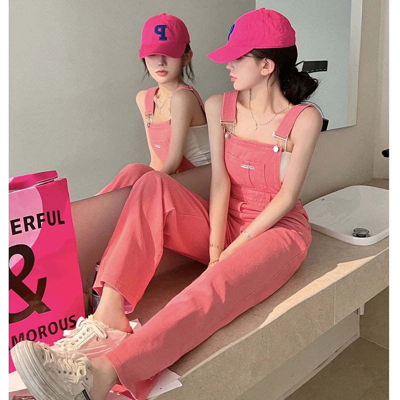 Vintage Cotton Elegant Pink Denim Jumpsuit Women Sleeveless Fashion Hipster Casual High Street Wide Leg Overalls Outfits Romper