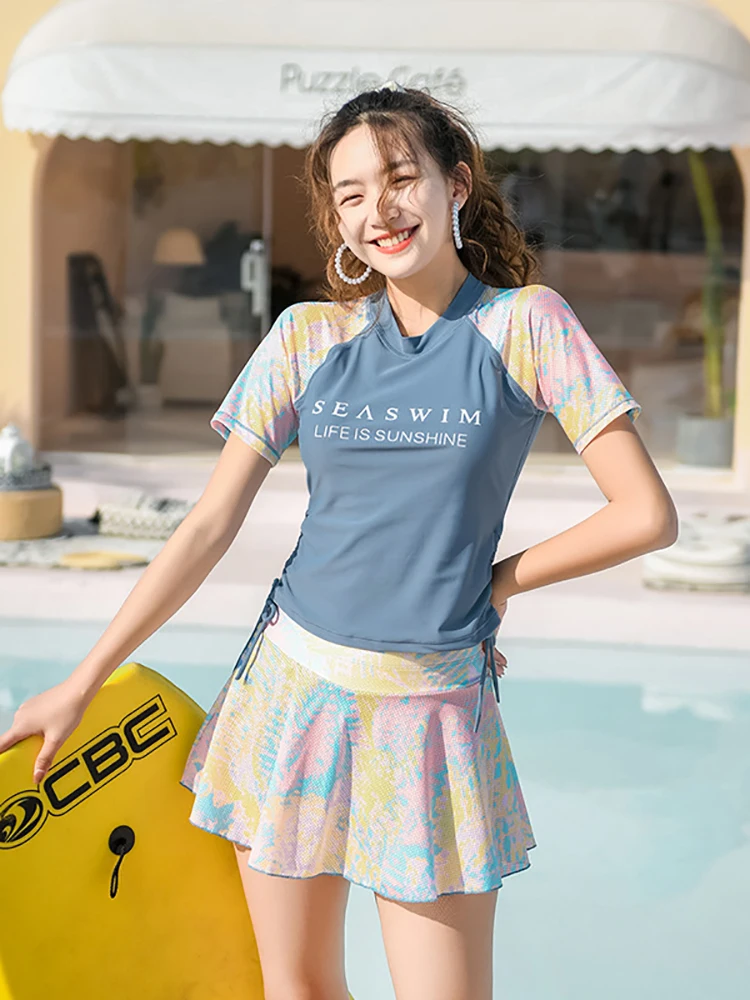 New Sports Split Swimwear Ladies Korea Conservative Slim Swimsuit Women Black Long Sleeve Cover Belly Korean |
