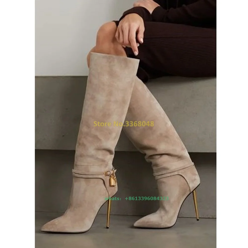 

Padlock Key Soft Suede Knee High Boots Sexy Pointed Toe Stiletto High Heel Ankle Strap Adjustable Winter Spring Autumn Boots