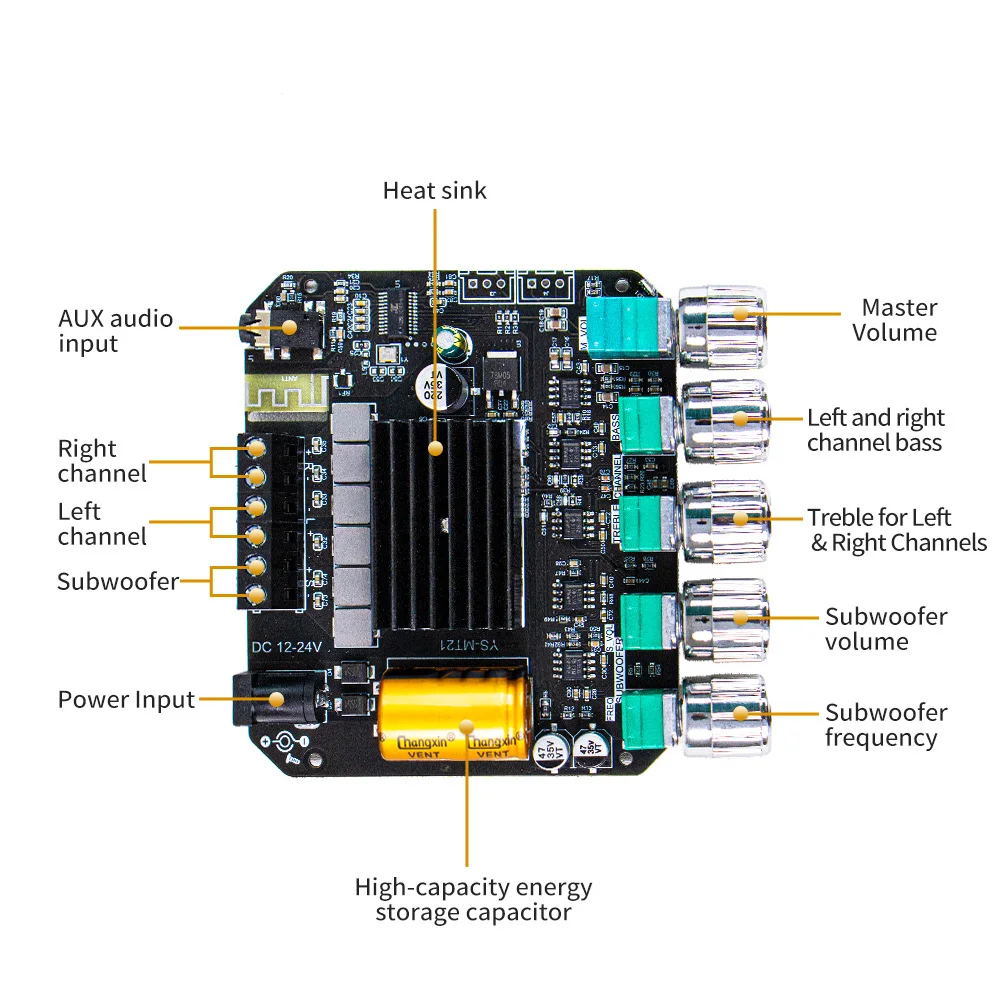 Фото 2.1-канальная Bluetooth-совместимая усилительная плата 50 Вт × 2 + 100 Вт для сабвуфера, Hi-Fi аудио, USB, AUX, DIY усилитель мощности для колонок YS-MT21 №3