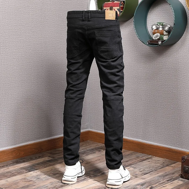 Autumn Black Jeans Men Fashion Slim Fit Straight Pants Streetwear Fashion Patchwork Zip Pocket Cotton Denim Trousers