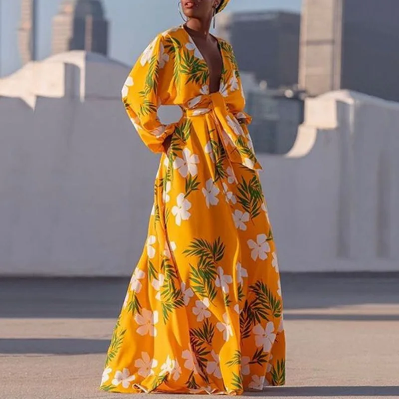 

2022 Fall Dress Long Sleeve Thin V-Neck Printed Long Dress
