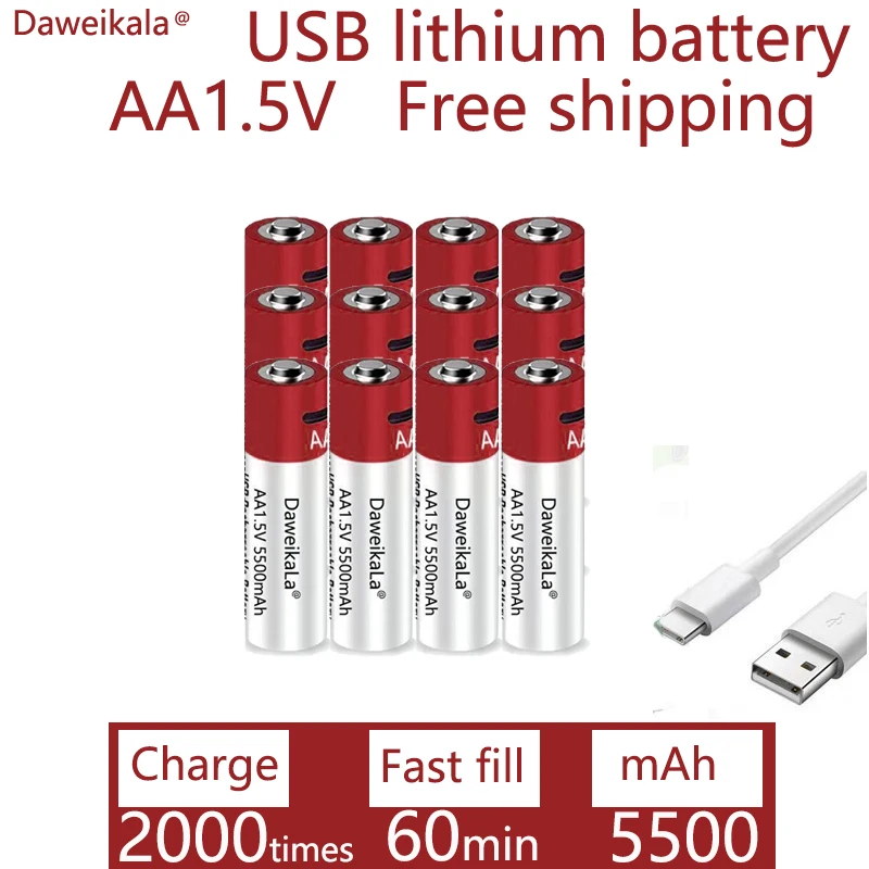 

Аккумуляторные батареи New2022 USB AA, 1,5 в, 5500 мАч, литий-ионная батарея для пульта дистанционного управления, игрушечная батарея для мыши + кабель...