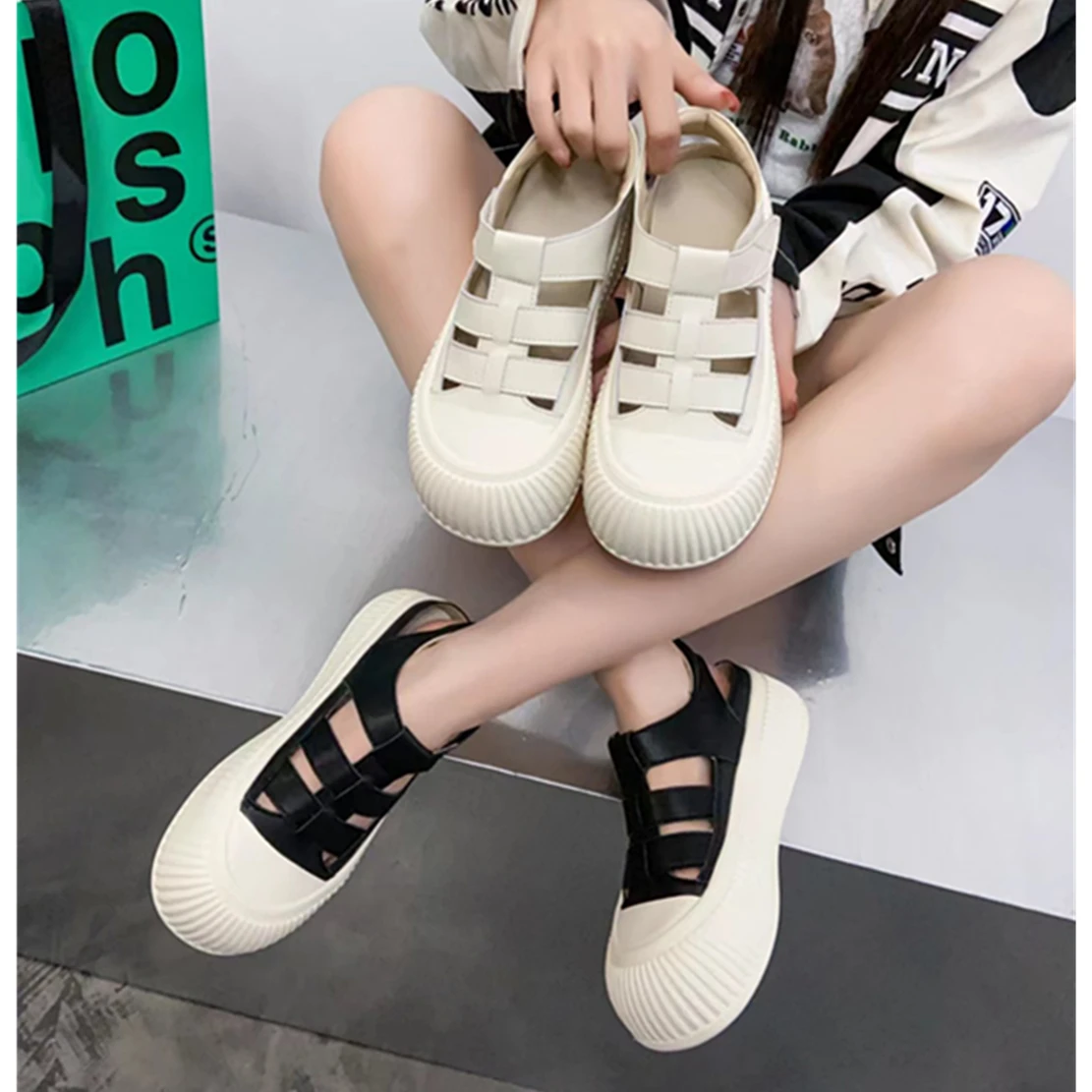 

Jenny&Dave Ins Fashion Blogger Fashion Vintage Thick Sole Increase Sandals Shoes Hollow Out Flat Sandals Women