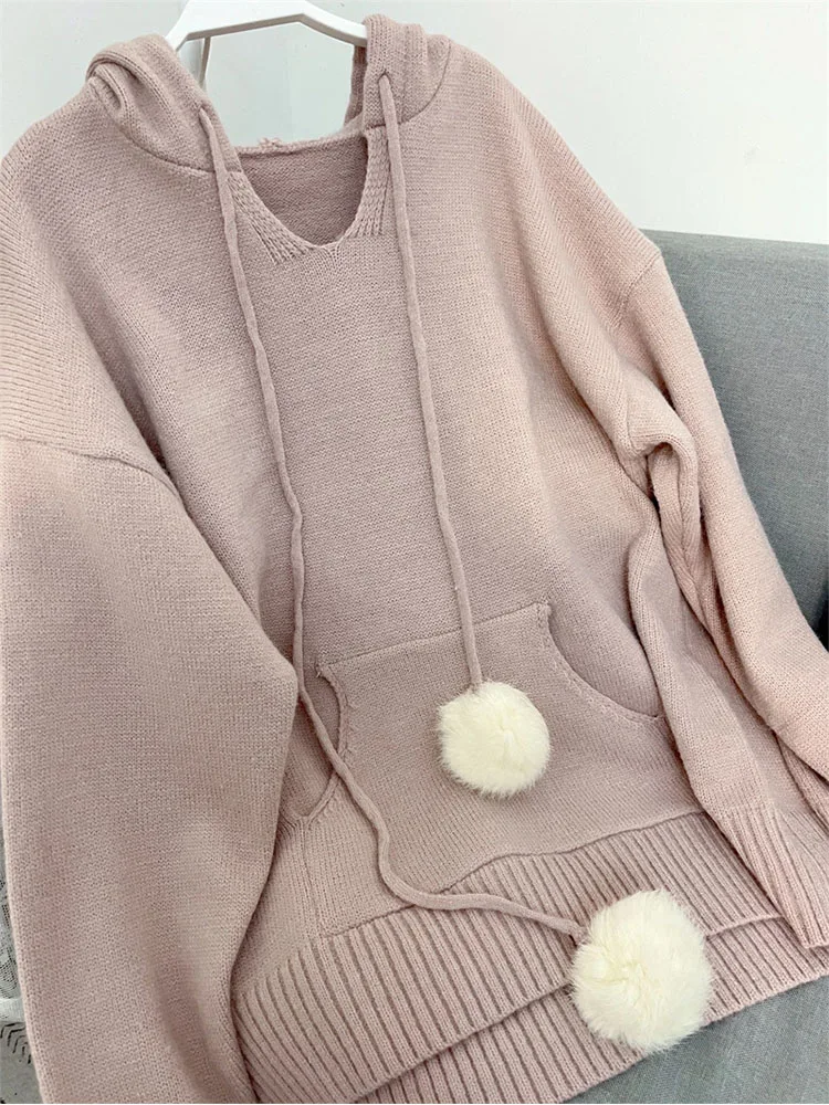 

Женский пуловер, свитер с капюшоном, джемпер в Корейском стиле, свободный однотонный Повседневный плотный теплый вязаный свитер с длинным рукавом, Осень-зима 2022