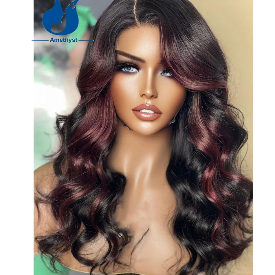 Amethyst Burgundy Highlight Loose Wave Human Hair Wigs 5x5 PU Silk Base Lace Wig Red Mixed Black Indian Remy Hair Wig For Women