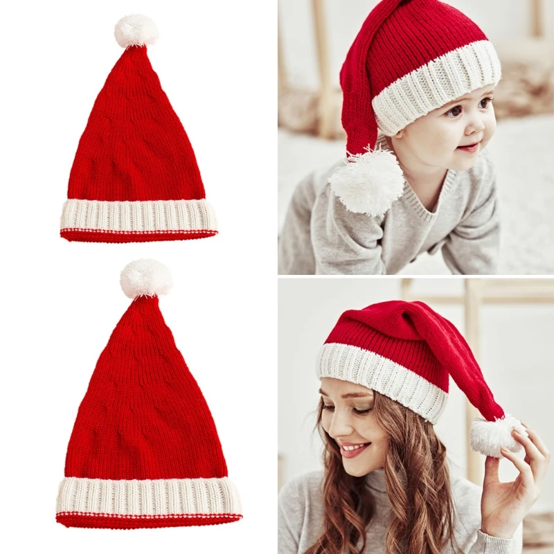 

N80C Christmas Parent-child Hat Warm Crochet Mom Baby Bonnet Hat for Children Hairball Solid Color Kids Girl Boy Beanie Cap