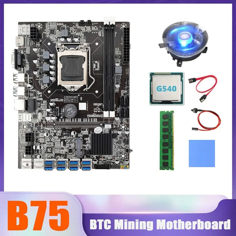 

Материнская плата B75 BTC Miner 8xusb + G540 CPU + DDR3 8G 1600 МГц ОЗУ + вентилятор охлаждения процессора + кабель SATA + кабель переключателя + термоподушка