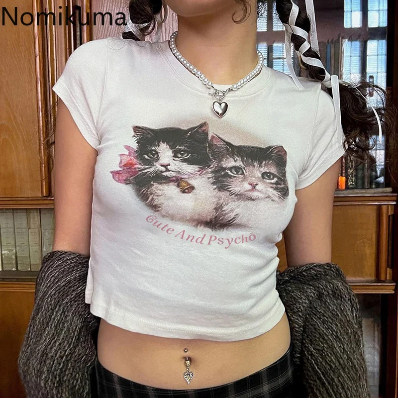 

Кроп-топ Nomikuma летний с высокой талией с мультяшным принтом Y2k Эстетическая футболка для женщин Винтажная Милая модная сексуальная женская одежда