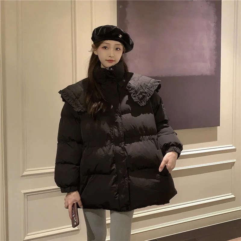 Winter Detachable Lace Collar Short Designer Jacket Women Hooded Korean Fashion Thick Warm Parkas Female Oversize Padded Clothes