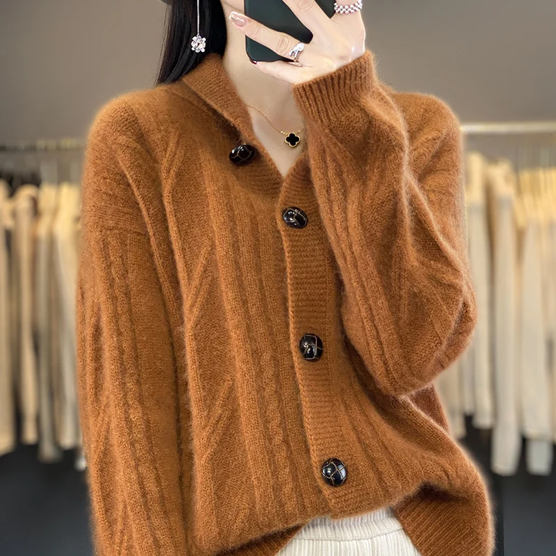 Осень и зима новый свитер из 100% мериноса женский вязаный кардиган на пуговицах
