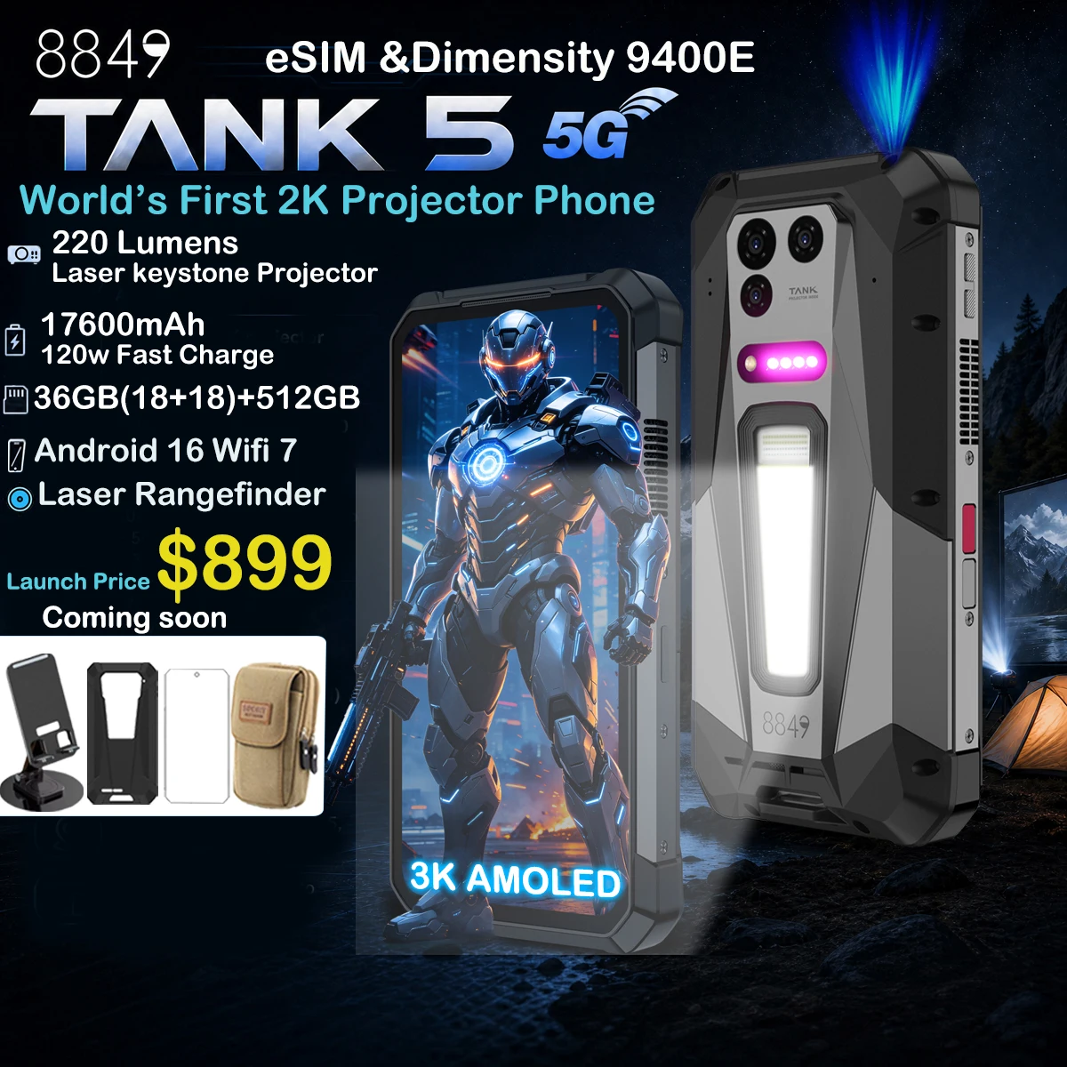 Фото 8849 TANK 5 Unihertz 2K Projector Rugged Smartphone с eSIM, процессором Dimensity 9400e, 3K AMOLED-дисплеем, батареей 17600 мАч, яркостью 220 люмен, 18 ГБ ОЗУ + 512 ГБ памяти, Wi-Fi 7 №1