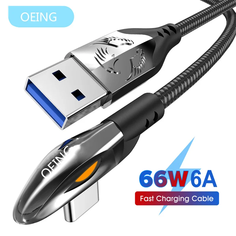 

OEING 1.2M 1.8M 90 Degree 66W 6A Fast Charging Charger Type C Cable For Xiaomi Mi 10 Huawei P40 USB Type C Mobile Phone Cable