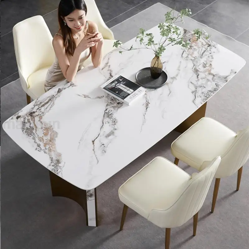 

Kitchen Center Dining Table Carbon Steel For 10.55mm Thick Golden Frame Round Corner Rock Slab Dining Table Marble Furnitures