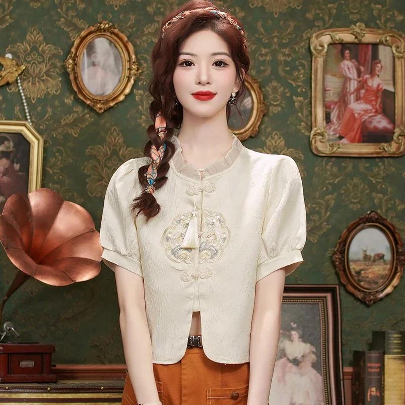 Женская шифоновая блузка с коротким рукавом и оборками вышивкой кисточками
