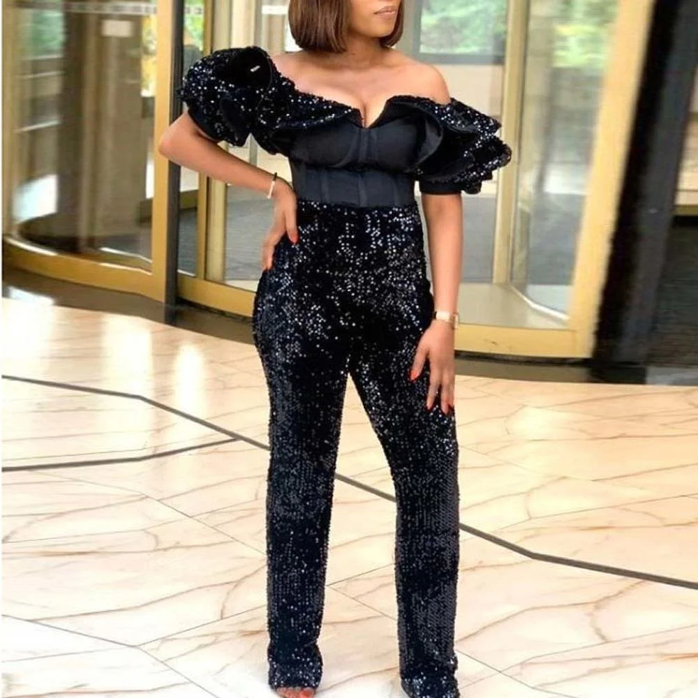 

Off-The-Shoulder Sequined Asymmetric Applique Empire Jumpsuits