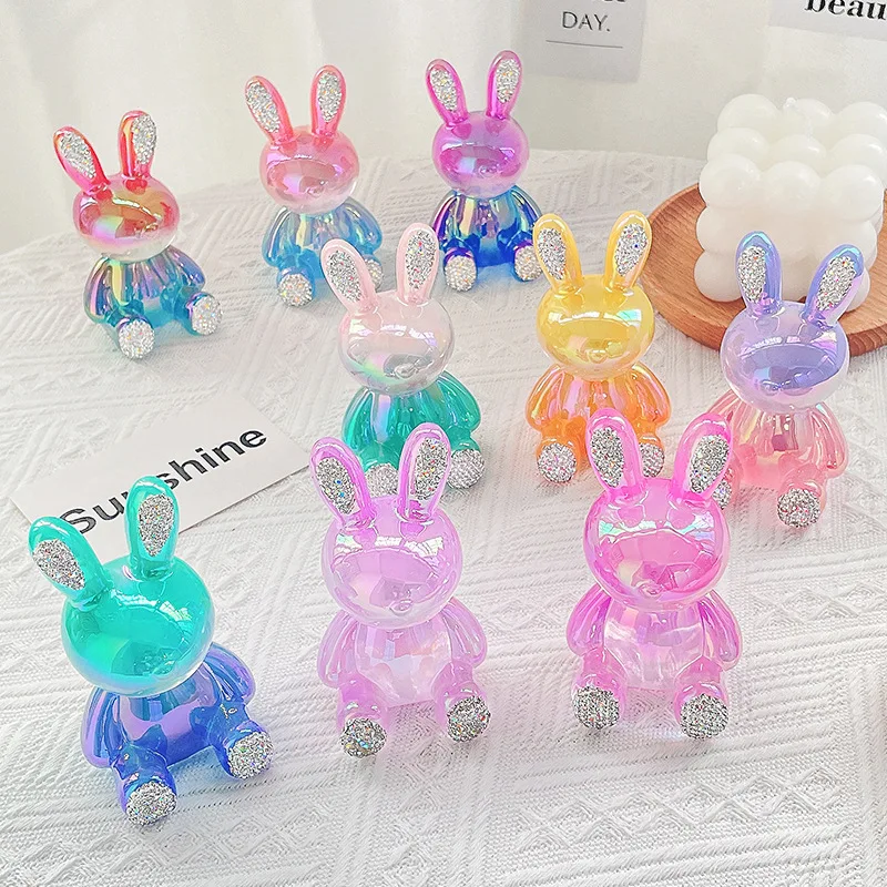 

New creative transparent color electroplated diamond inlaid cute cartoon rabbit car living room ornaments trendy play