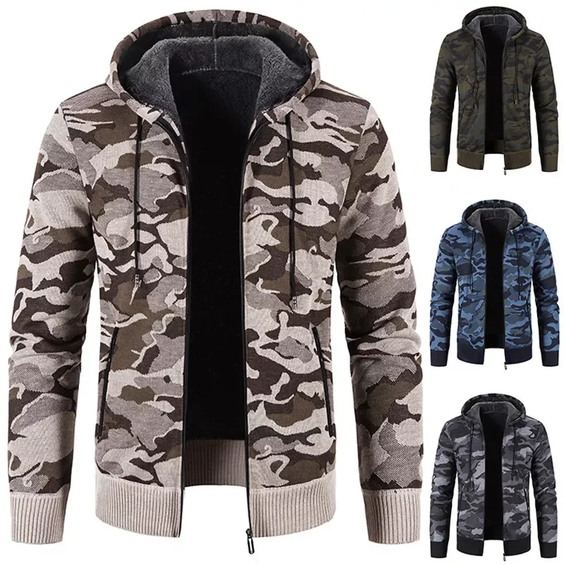 

NEW 2023 Knitted Cardigan Camouflage Printed Sweater Jacket Casual Trend Loose Hooded Jacket