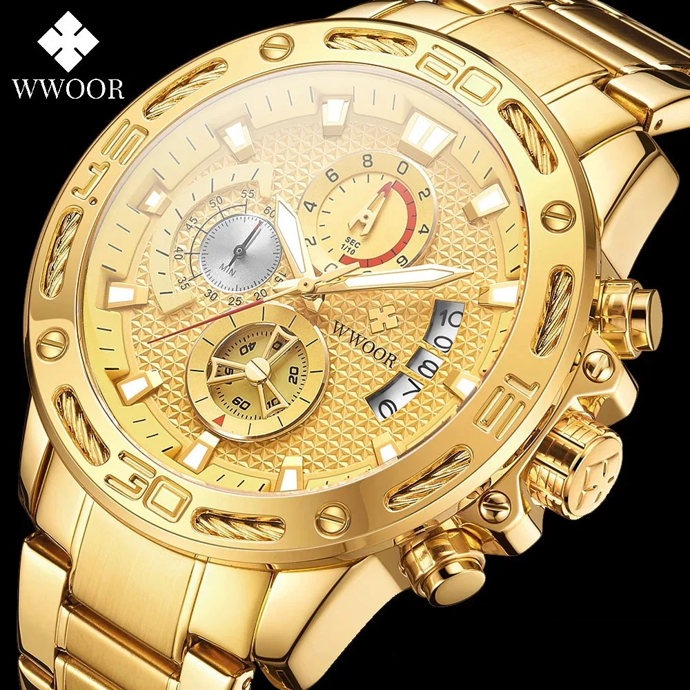 

Часы WWOOR Мужские кварцевые с большим циферблатом, модные брендовые люксовые спортивные, с хронографом из нержавеющей стали, золотистые