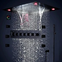 hm luxury 6 functions massage shower system bathroom ceiling led light thermostatic shower black faucet set body jets
