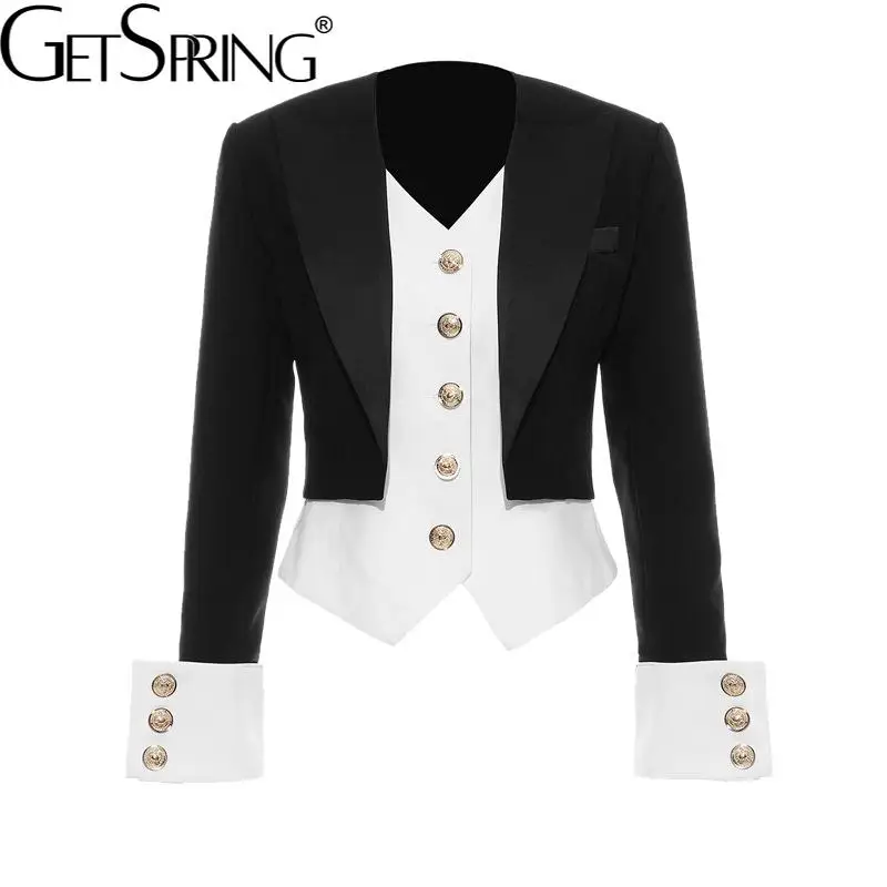 

GetSpring Women Blazer Patchwork Long Sleeve Single Breasted Ladies Suit Coat Slim Thin Short Female Jacket Tops Spring 2022 New