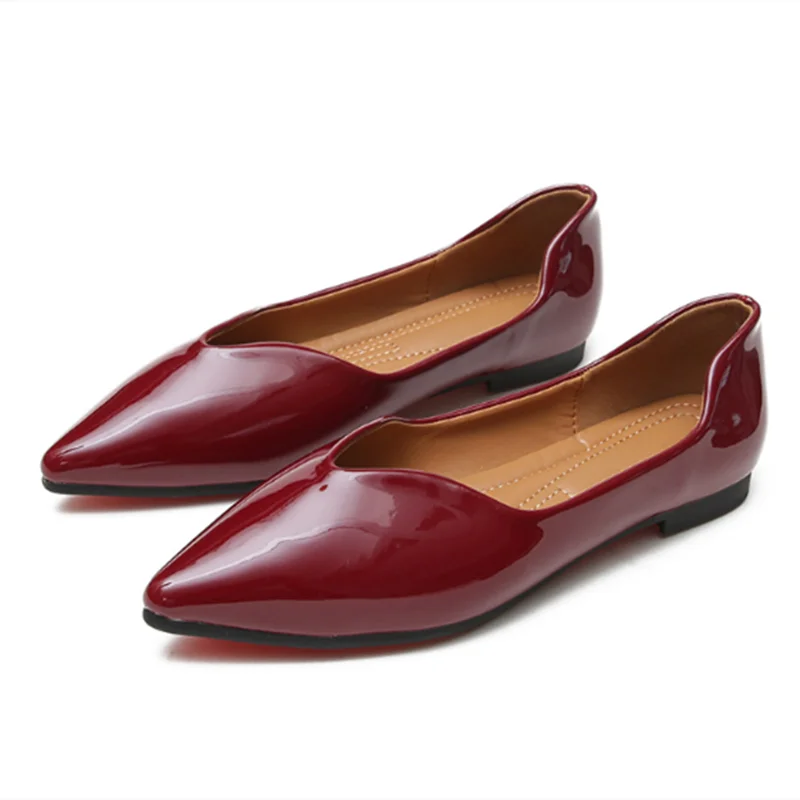 

Lady New Spongy Insole Flats Pointy Toe Patent Leather 29cm Wine Black Plain Simple Slip-Ons Spring Mocasines 33-48 Ballerinas