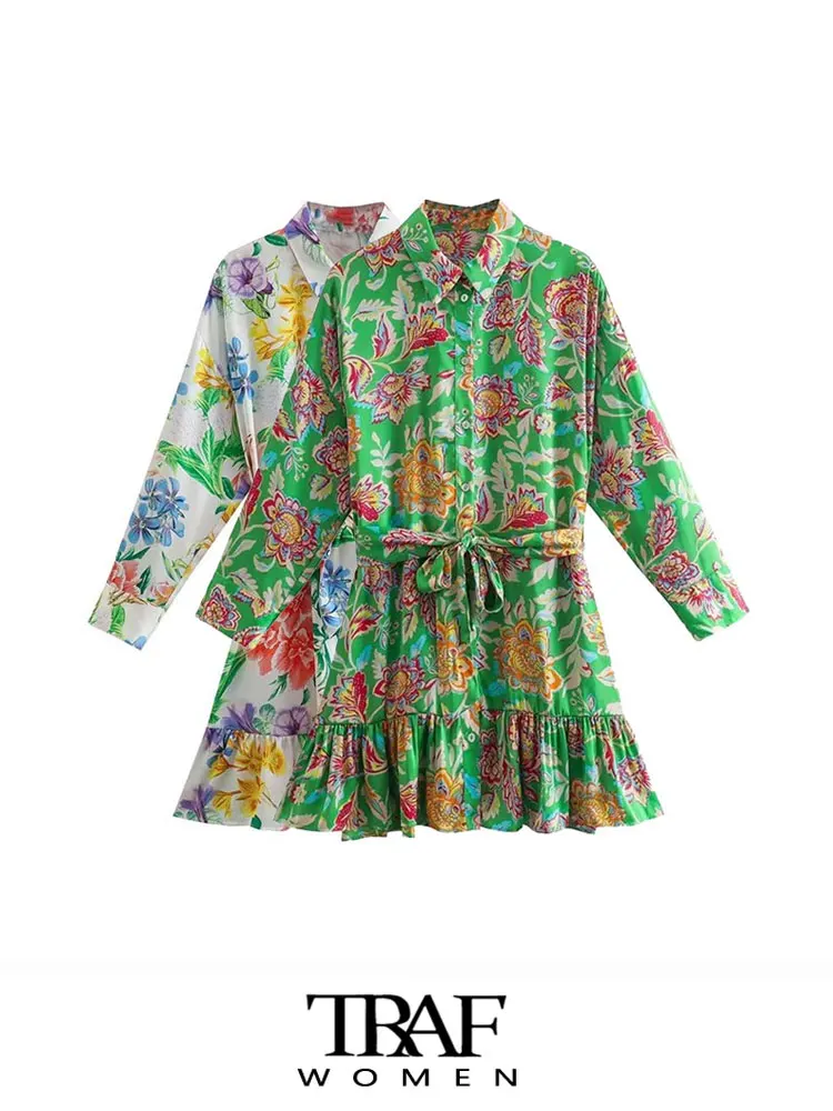

TRAF Women Fashion Tied Belt Printed Ruffled Mini Dress Vintage Long Sleeve Button-up Female Dresses Vestidos Mujer
