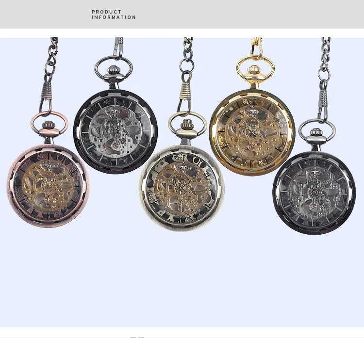 Luxury Gold Mechanical Pocket Watch for Men Women Hollow Skeleton Transparent Dial Roman Numerals Number Fob Chain Pendant Clock