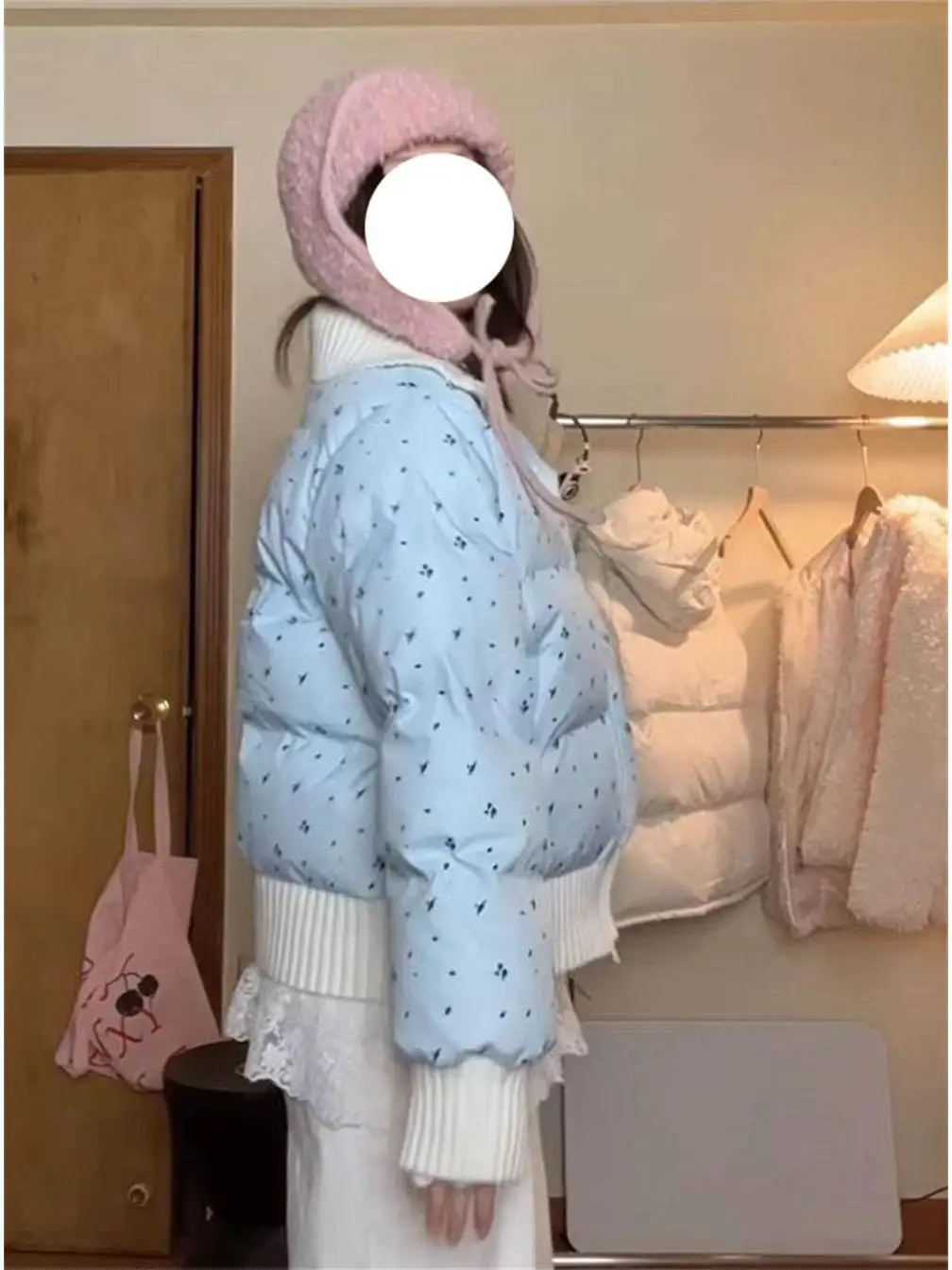 Sweet Preppy Small Floral Cotton-Padded Jacket for Women Winter Gentle Sle Milk Blue Patchwork Large Lapel Thickened Cotton... |