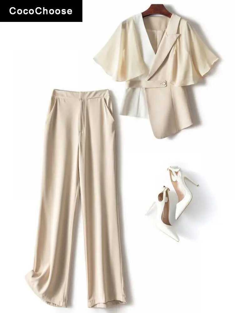 

Elegant Business Women Two Piece Set Office Wear Outfits Summer 2022 Fashion Butterfly Sleeve Patchwork Blazer And Trouser Suits