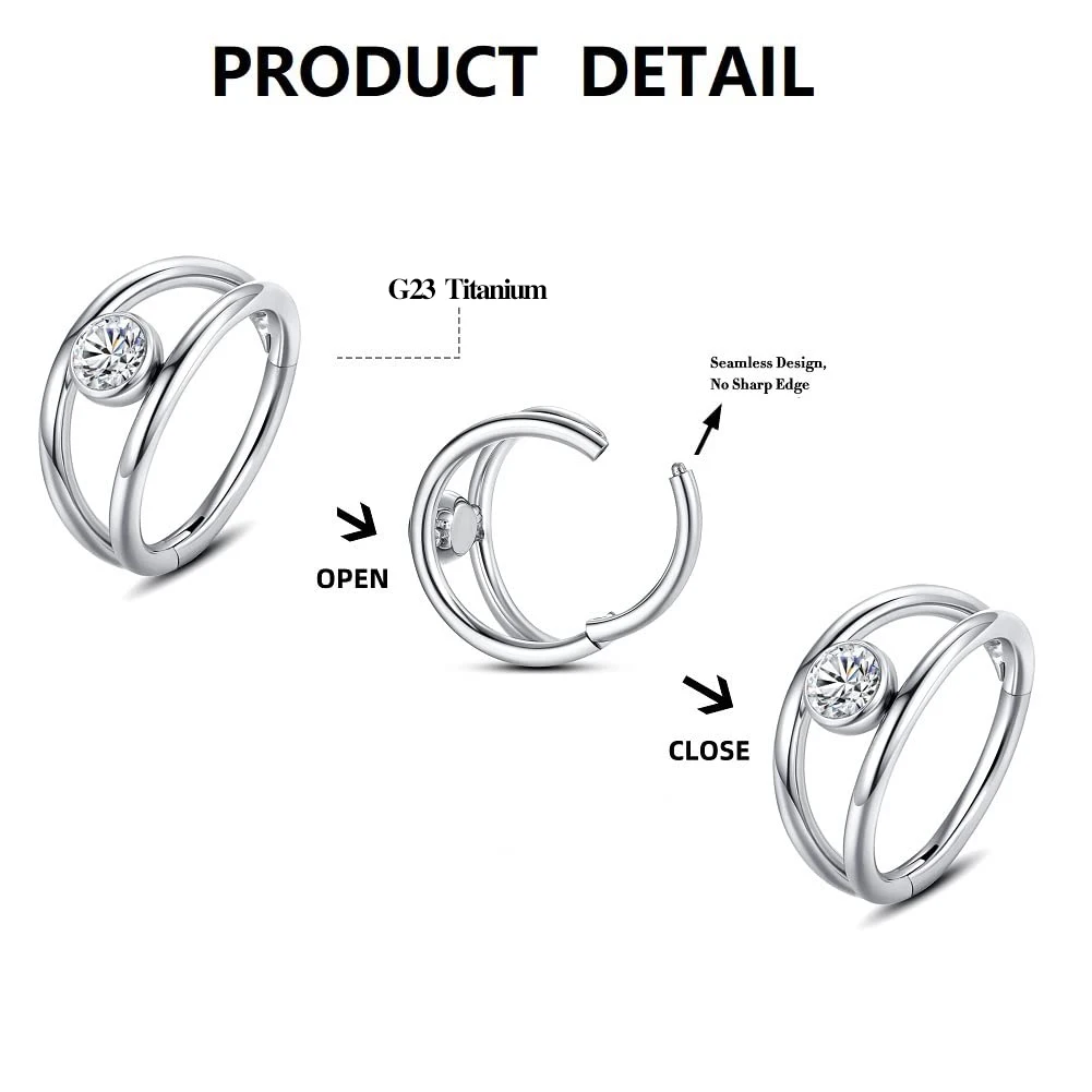 2pcs Titanium Zircon Septum Clicker Piercing Helix Nose Rings Double Hoops Ear Studs Cartilaged Tragus Helix  Body Jewelry