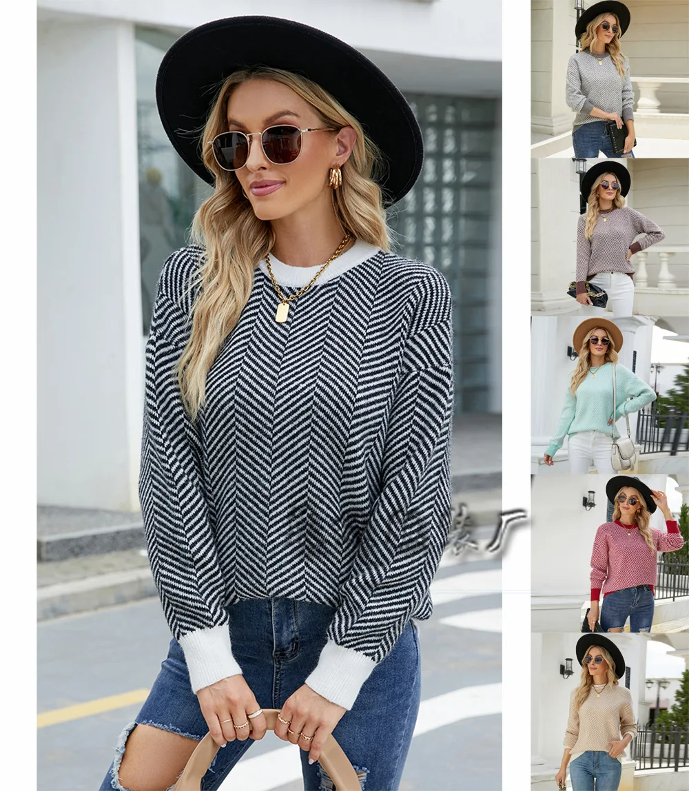 

Women's autumn and winter long-sleeved knitted loose-fitting loose sweater women's pullover long-sleeved O-neck casual street sw