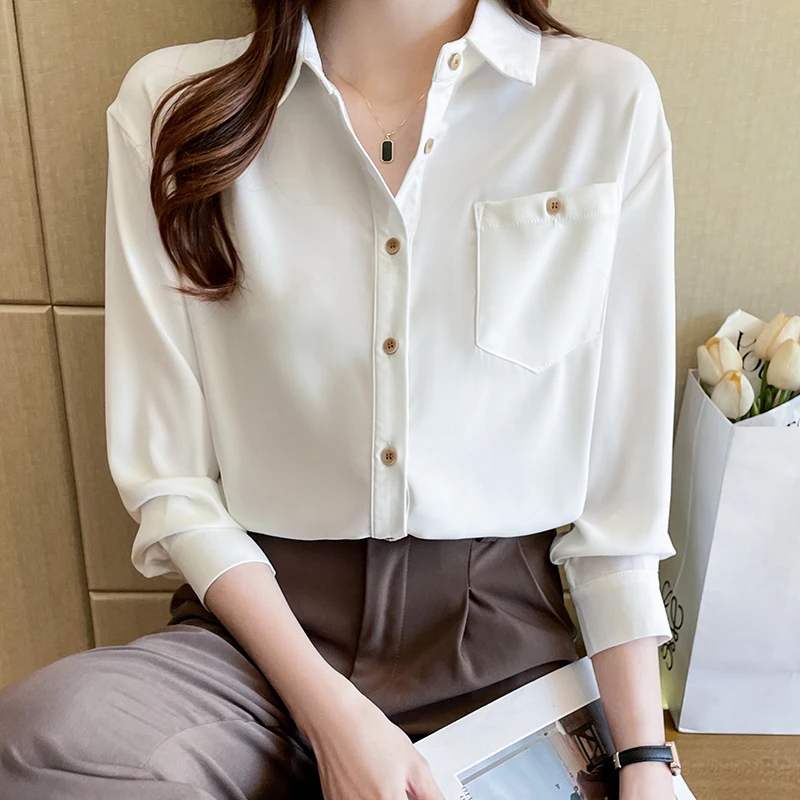 

Fashion Women Blouse Shirt Long Dleeve Solid Color For Office Lady White Spring Autumn Workwear Top