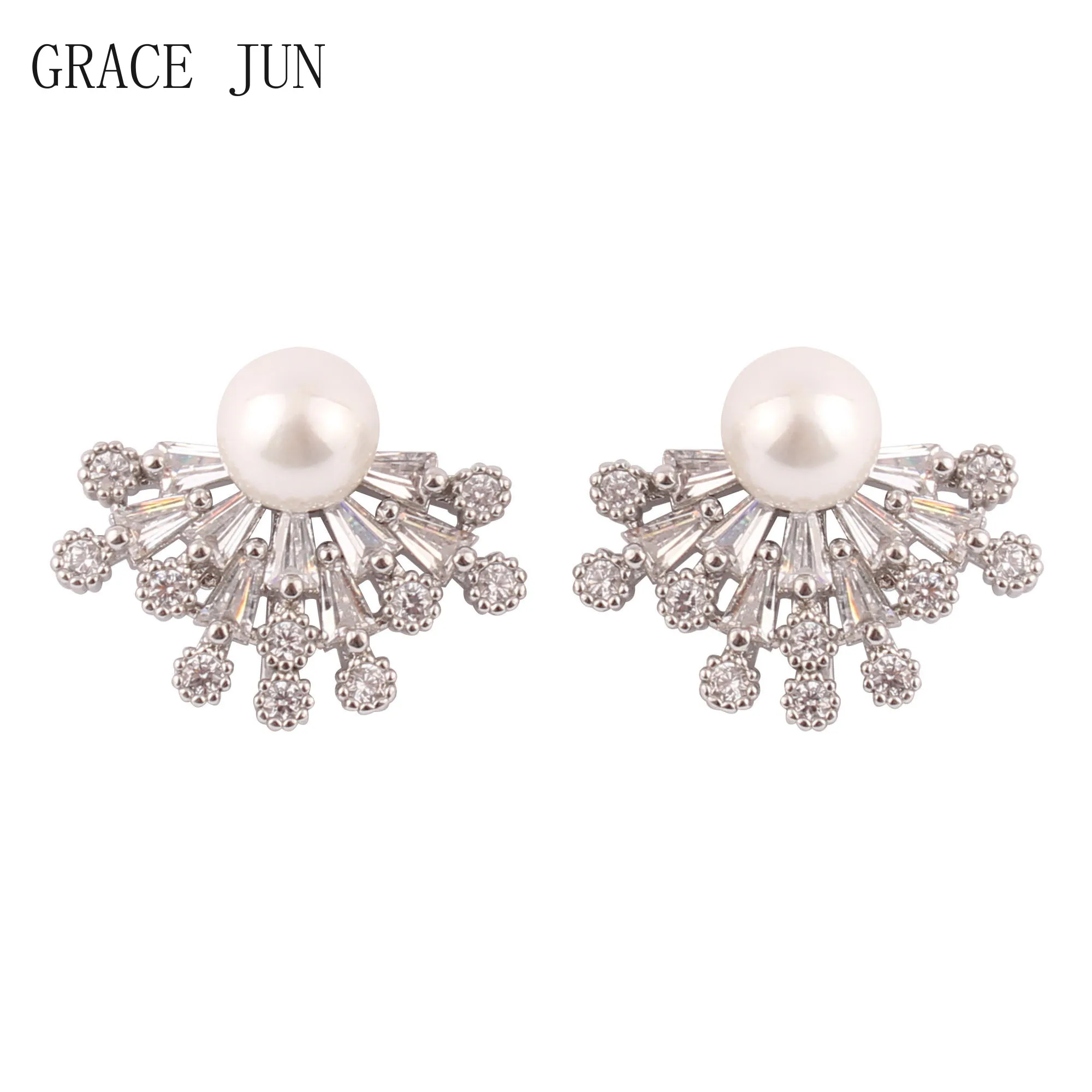 

Высококачественные Медные клипсы GRACE JUN с кубическим цирконием и жемчугом, роскошные модные свадебные серьги-клипсы для невесты с имитацией...